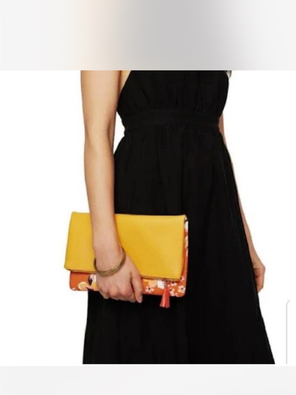 Rachel Pally Yellow Fold-Over Clutch with Orange Floral Base